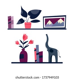 Bookshelves with decorative elements plants in pots, pictures, statues on white background. Simple design