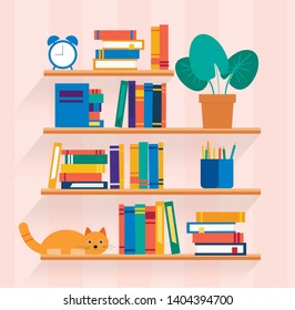 Bookshelves with different books on it, vector illustration