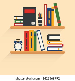 Bookshelves with different books on it, interior and study vector illustration.