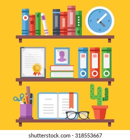 Bookshelves with different objects. Book shelves in room with books flat illustration. Flat design concept for web banners, web sites, printed materials, infographics. Creative vector illustration