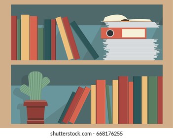 Bookshelves with folders, books and plants. Home office equipment. Office furniture.Flat style illustration
