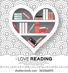 Bookshelves in the form of heart with colorful books. Reading. I love books.  Home library with literature, vector illustration