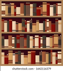 Bookshelves full of books both in the library. Flat vintage vector illustration.