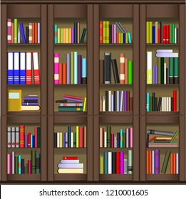 Bookshelves full of books. Education library and bookstore concept. Vector illustration.