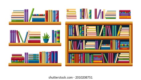 Bookshelves for home library. Piles of bestsellers with shelves, racks and bookcases. Cartoon vector illustration isolated in white background