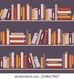 Bookshelves, library, cartoon style seamless pattern. Concept for lovers of reading. For wallpaper, printing on fabric, packaging, background