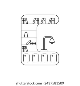 Icono de vector lineal. Vector de librero de contorno. Armario acogedor con un vector de lámpara. Concepto de muebles lineales interiores para el hogar. Libros, lámpara en el vector estante.