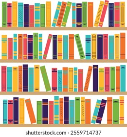 Bookshelves with multi-colored spines. Vector illustration in flat style.