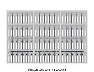 Bookshelves. Office Bookcase With Folders For Documents On The Shelves. Background For Presentation, Design, Wallpaper, Web Page, Backdrop, Graphic And Video.