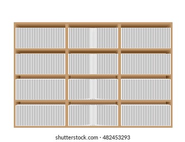 Bookshelves. Office bookcase with white books or brochures on the shelves. Background for presentation, design, wallpaper, web page, backdrop, graphic and video.