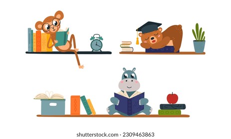 Bookshelves and reading animals with books piles. Hippo and monkey read, cute bear sleep on book. Study, library and education vector set