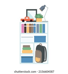 Bookshelves semi flat color vector element. Full sized object on white. Book stand. Child room interior detail simple cartoon style illustration for web graphic design and animation