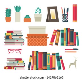 Bookshelves set. Flat shelf book in room library, reading book office shelf wall interior study school isolated collection for bookshelf