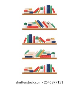 Bookshelves with stack of books and plants