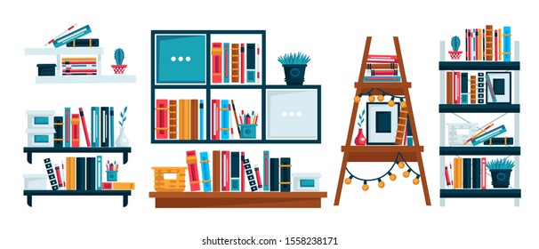 Bookshelves For Study Room Or Home Library, Office Shelf, Isolated Icons Vector. Reading Book, School Bookcase And Store Bookshelf, Literature And Education. Textbook And Novel Volumes, House Decor