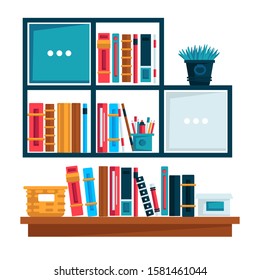 Bookshelves for study room or home library, office shelves, isolated icons vector. Reading book, school or living room bookcase and store bookshelf, literature. Indoor plants and stationery supplies