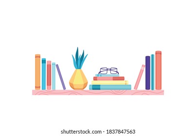 Bookshelves vector wall design for bestsellers in store, classroom, office, library, school, house interior. Cartoon flat wood shelves with books, plants, for education, home decor literature concept.