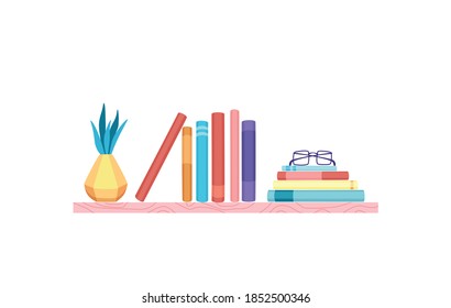 Bookshelves vector wall design for bestsellers in store, classroom, office, library, school, house interior. Cartoon flat wood shelves with books, plants, for education, home decor literature concept.