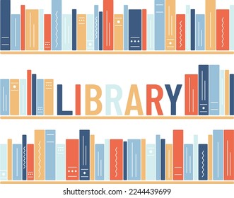 Bookshelves with the word Library on a white background. Library illustration. Literature, reading, knowledge, education. Vector illustration.