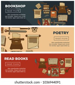 Bookshop or bookstore banners of vector library vintage books, ink quill and poetry stationery