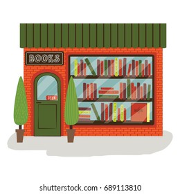 Bookshop, bookstore
facade, vector illustration. Books shop brick building. Education or library market. 