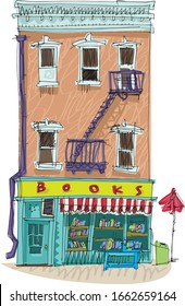 Bookshop Building Facade. A Row Of Books In The Window. Vector Illustration. Hand Drawn Illustration. Cartoon. Caricature