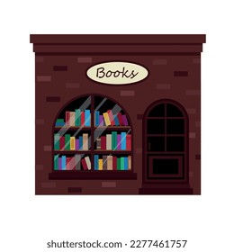 Bookshop (bookshop) building facade. A row of multi-colored books in the window. Vector illustration