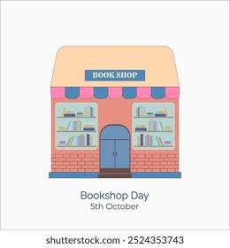 Bookshop Day celebrated on October 5 vector, illustration. Vintage bookstore. Retro style bookshop window. City building. Book Day poster.