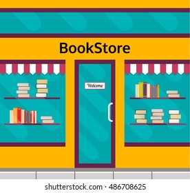 Bookshop front or bookstore facade in flat style. Book shop with window display vector illustration.