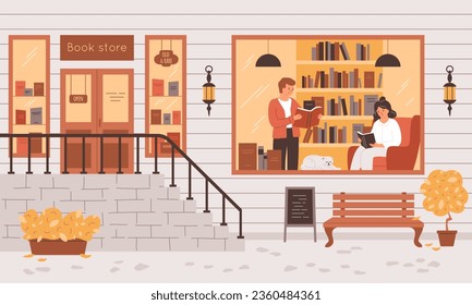 Bookshop with people inside reading books in big window. Autumn street with lanterns, bush, bench. Woman sitting in the chair, man standing, cat sleeping indoor. Cozy vector illustration. Town life.