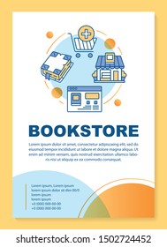 Bookshop poster template layout. Virtual library. Online book shopping. Banner, booklet, leaflet print design with linear icons. Vector brochure page layouts for magazines, advertising flyers