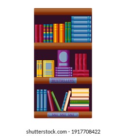 Bookshop rack with bestsellers and sale options. Bookstore shelf in cartoon style. Vector illustration on white background