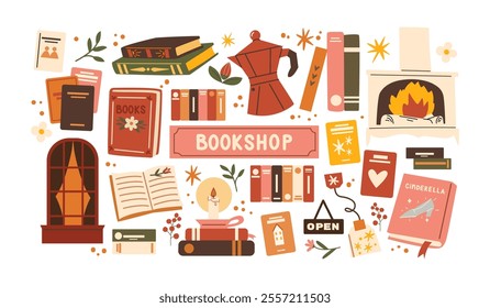 Bookshop stickers and autumn decor. Cozy shapes attributes of autumn: plants, leaves, books, fireplace, warmth and coziness. Cute library stickers in retro cartoon doodle style