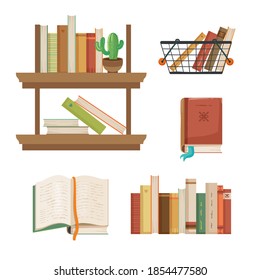 Bookshop's illustration. Set of books, bookshelf, old books with bookmark and shopping basket