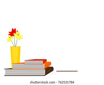 Books,pencil and flowers in vase with illustration vector