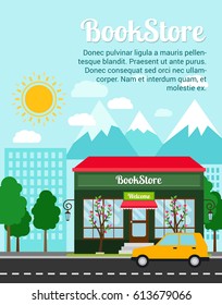 Bookstore advertising banner with shop building and landscape, vector illustration