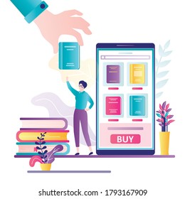 Bookstore application on smartphone screen. Woman client purchase book online. Big hand give book to female customer. Technology of internet shopping. Banner in trendy style. Flat vector illustration