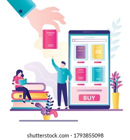 Bookstore application on smartphone screen. Man client purchase book online. Big hand give book to male customer. Technology of internet shopping. Woman read magazine. Flat vector illustration