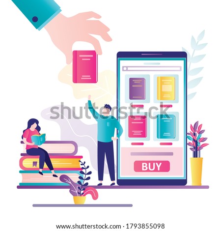 Bookstore application on smartphone screen. Man client purchase book online. Big hand give book to male customer. Technology of internet shopping. Woman read magazine. Flat vector illustration