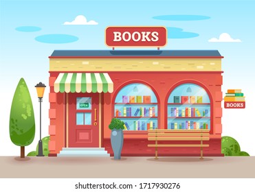 Bookstore with an awning above the entrance. Books in a shop window on shelves. Street shop. Vector illustration, flat style