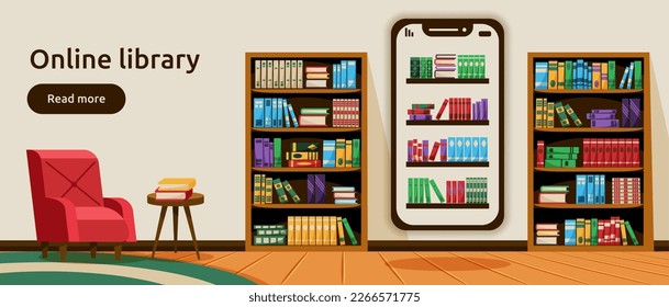 Bookstore banner. Online science library. Read book in archive. Education learn or study. Electronic literature mobile service. Smartphone application. Vector garish cartoon concept