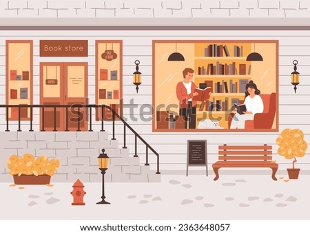 Bookstore with big window, people inside reading books, woman sitting in the chair, man standing, cat sleeping indoor. Autumn town street with lanterns, bush, bench. Cozy vector illustration.