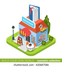 Bookstore Book Building Shop Realty Real Estate Concept. Flat 3d Isometry Isometric Style Web Site App Icon Set Concept Vector Illustration. Build Your Own World Architecture Collection.