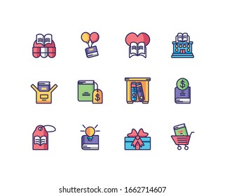 bookstore and book concept icon set over white background, line and fill style, vector illustration