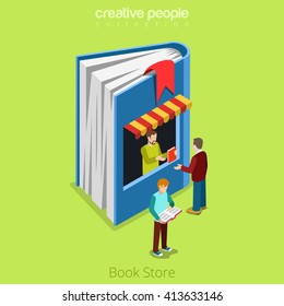 Bookstore book shape building shop realty real estate concept. Flat 3d isometry isometric style web site app icon set concept vector illustration. Creative people collection.