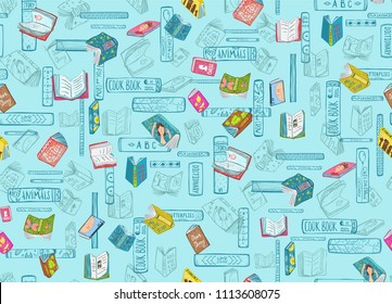 Bookstore Books Drawing Seamless Pattern. Freehand books drawing pattern for library or bookstore. Vector illustration.