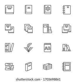 Bookstore books line icons set. linear style symbols collection, outline signs pack. vector graphics. Set includes icons as school book reading, dictionary, textbook, library, encyclopedia, diary 