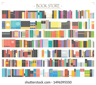 Bookstore books on the bookshelves fill the walls. flat design style minimal vector colorful illustration. 