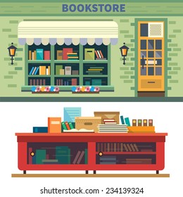 Bookstore. Books, science, knowledge. Storefront and a shelf with books. Vector flat illustration