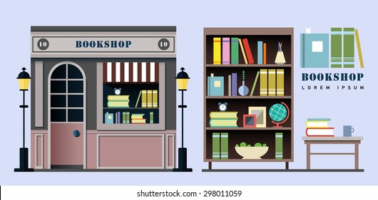 Bookstore. Books, science, knowledge. Storefront and a shelf with books. Vector flat illustration. Bookcase